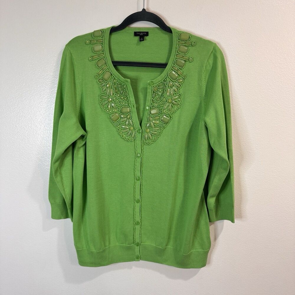 Talbots Cardigan Sweater 1X Kelly Green Button Front Beaded Gem Stretch Knit